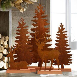 Set of 5 Metal Christmas Pine Tree and Elk Tabletop Décor Rusty Steel Vintage
